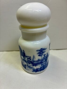 Vintage Belgian Blue & White Toile Pastoral Print Milk Glass Apothecary Jar